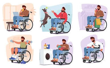 Disabled Man In Wheelchair Tackles Household Chores. Character Shopping, Playing With Dog, Exercising, Washing Clothes