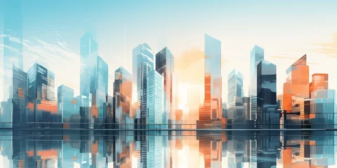 Foto op Plexiglas Skyscrapers background at sunset or sunrise, geometric pattern of towers, perspective graphic painting of buildings - Architectural illustration for financial, corporate and business brochure template © mozZz