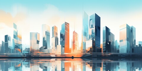 Skyscrapers background at sunset or sunrise, geometric pattern of towers, perspective graphic painting of buildings - Architectural illustration for financial, corporate and business brochure template