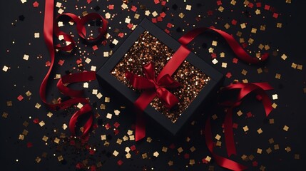 Black Gift Box. Festive Black Friday surprise! Top view black gift box, adorned with vibrant red ribbon, surrounded by golden star-shaped confetti, set against rich marsala backdrop. Decor concept