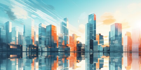 Fototapeta na wymiar Skyscrapers background at sunset or sunrise, geometric pattern of towers, perspective graphic painting of buildings - Architectural illustration for financial, corporate and business brochure template