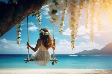 A graceful lady in long skirt on a swing by a beautiful sandy beach. Summer tropical vacation concept. - obrazy, fototapety, plakaty
