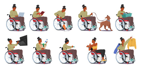Fototapeta na wymiar Disabled Woman In Wheelchair Tackles Household Chores. Female Character Shopping, Walking With Dog, Reading