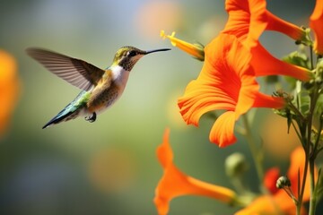 Fototapeta premium A humming bird fly near a booming flower. Spring seasonal concept.