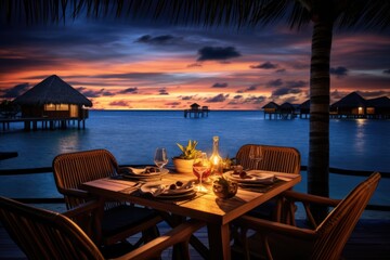 Luxury dinner on table waiting for guest at sunset in luxury vacation resort at beach. Summer tropical vacation concept.