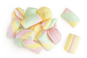 Colorful mini marshmallows isolated on white background with full depth of field. Top view. Flat lay