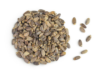 Seeds of a milk thistle or Silybum marianum, Scotch Thistle, Marian thistle isolated on white background. Top view. Flat lay
