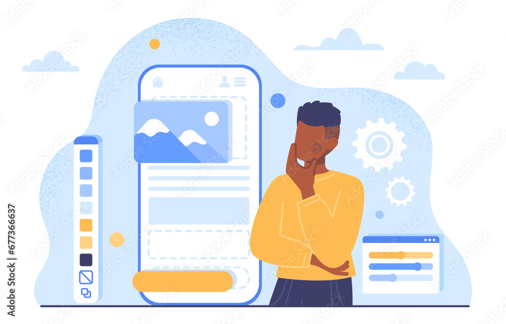 Poster man with adaptive design concept. young guy near smartphone screen. ui and ux design for mobile appl