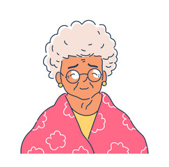 Doodle profile photo concept. Old woman in pink blanket and glasses. Avatar for social networks and messengers. Template and layout. Cartoon flat vector illustration isolated on white background