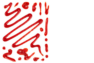 Red tomato sauce or ketchup isolated on white background . Top view with copy space for your text. Flat lay