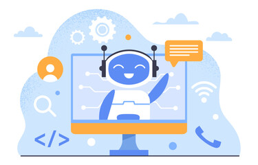 Ai powered content concept. Chat bot at computer screen. Artificial intelligence and machine learning. Article for website and social networks. Poster or banner. Cartoon flat vector illustration - obrazy, fototapety, plakaty