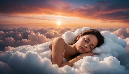 Dreamy Serenity: A Beautiful Woman Sleeping on a Cloud Above a Tranquil Landscape at Sunset. - obrazy, fototapety, plakaty