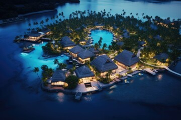 Aerial view of luxury hotel and resort at sea beach in tropical sea at sunset with beautiful colors.