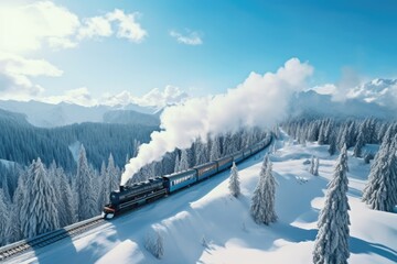 Vintage Train running in snow covered forest in wild in winter. Winter seasonal concept.