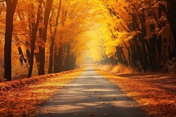 Autumn woods with drive way road and beautiful Fall foliage colors. Autumn seasonal concept.