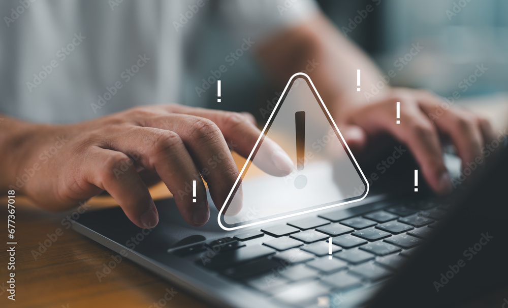Poster System warning hacked alert, cyberattack on computer network. Cybersecurity vulnerability, data breach, illegal connection, compromised information concept. Malicious software, virus and cybercrime.