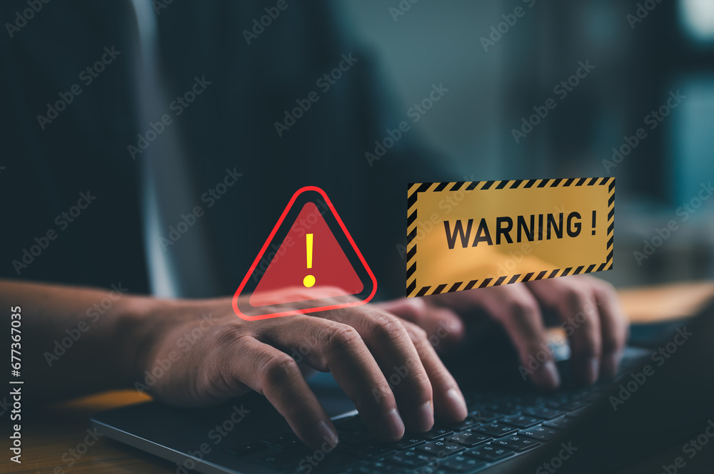 Poster System warning hacked alert, cyberattack on computer network. Cybersecurity vulnerability, data breach, illegal connection, compromised information concept. Malicious software, virus and cybercrime.