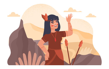 Apache girl concept. Woman in traditional indian clothes at background of mountains. Wild life and ethnicity. Character with arrows with feathers. Cartoon flat vector illustration