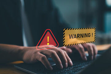 System warning hacked alert, cyberattack on computer network. Cybersecurity vulnerability, data...