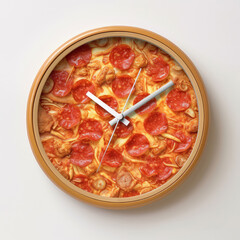 Pizza time concept. Top view on clock with hands made from big pepperoni pizza on white background....