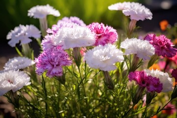 White and pink dianthus caryophyllus flowers in the garden. Marigold. Mother's Day. Valentine day concept with a copy space.