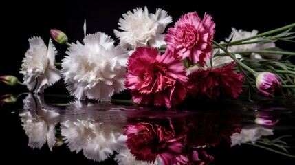 Beautiful bouquet of carnations on a black background with reflection. Marigold. Mother's Day. Valentine day concept with a copy space.