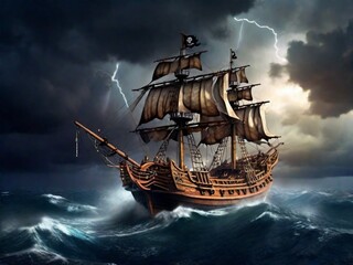 Fototapeta premium Old pirate ship in stormy sea. 3D illustration.