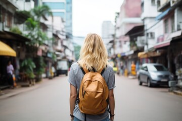 Fototapeta premium Back view of a female traveler in historical city street. Vacation travel concept.