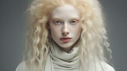 Stylish portrait of albino young woman in studio, ai generated