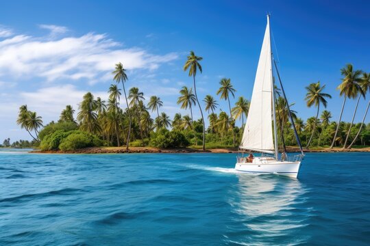 Sailing boat driving in blue sea.