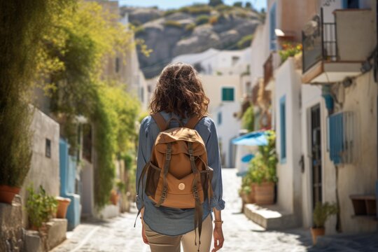 Back view of a female traveler in historical city street. Vacation travel concept.