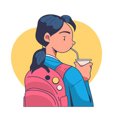 Back to school poster. Girl with pink bacpack and cup with juice. Education, learning and training. Trendy young schoolgirl. Cartoon flat vector illustration isolated on white background