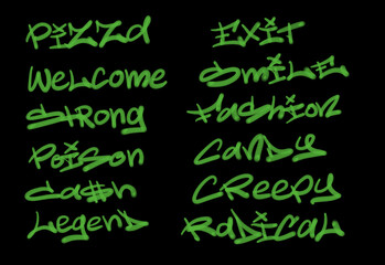 Naklejka na ściany i meble Collection of graffiti street art tags with words and symbols in green color on black background