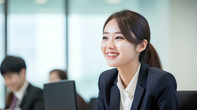 Young happy korean business woman worker or student sitting at meeting table listening attentively at work office meeting, education training class or conference event. generative AI
