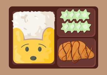 Bento box concept. Traditional dinner and breakfast. Rice with meat. Lunchbox for japanese and korean schoolers. Poster or banner. Cartoon flat vector illustration isolated on brown background