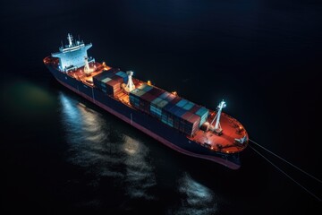 Aerial view of cargo ship in sea at night with cargo container box.