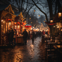 A Christmas market sprawls beneath a sea of twinkling lights. Colorful string lights adorn the stalls, while glowing lanterns create a warm ambiance