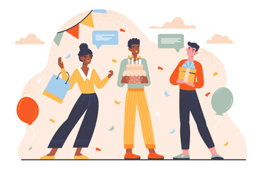 Birthday party concept. Men and woman with cakes and gifts, presents and surprises. Holiday and festivals. Young people celebrate. Gift box and balloons. Cartoon flat vector illustration