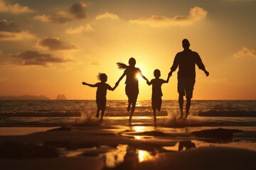 Fototapeta premium A happy family enjoy beach life at sunset. Summer tropical vacation concept.