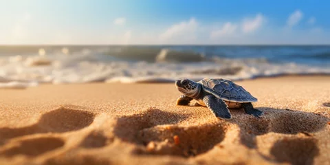 Gordijnen A baby sea turtle on tropical sand beach © rabbit75_fot