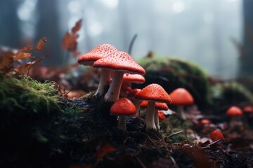 Collection of mushrooms in foggy forest in Spring. Spring seasonal concept.