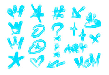 Collection of graffiti street art tags with words and symbols in light blue color on white background