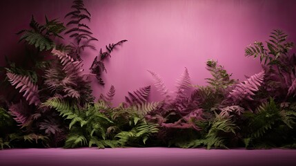 Fototapeta na wymiar Vibrant green ferns on a soft mauve backdrop. Background for various uses and events, modern wallpaper texture. 