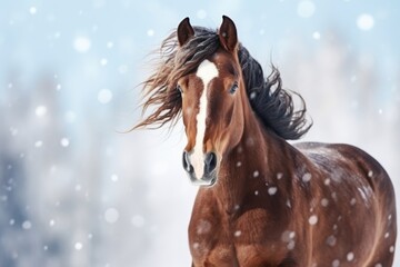 A horse stand in snow in winter woods. - Powered by Adobe