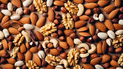 Almonds walnut cashew organic food nut brown healthy raw ingredient snack background mixed - obrazy, fototapety, plakaty