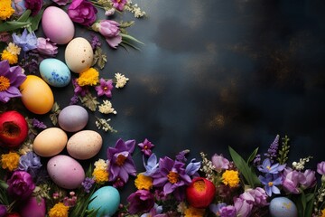 Fototapeta na wymiar Vibrant Easter Blooms and Egg basckground.