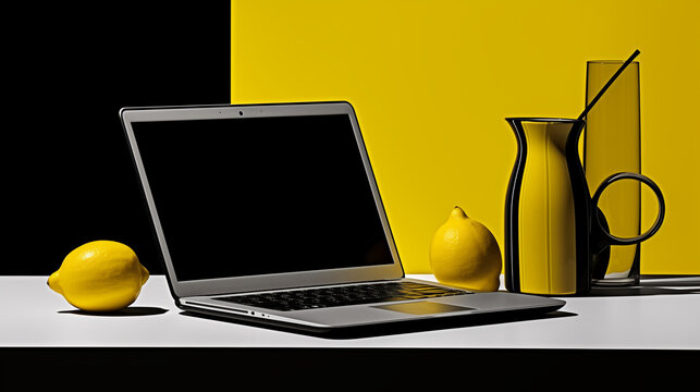 Nature morte minimaliste d'un ordinateur portable sur une table avec des citrons et une cruche en c&eacute;ramique