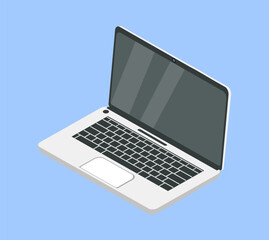 Business office objects set. White laptop. Organizing efficient work process and paperwork. Graphic element for website. Cartoon flat vector collection isolated on blue background