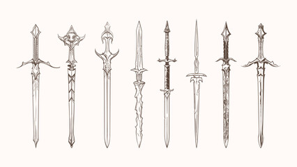 Medieval hand drawn knights swords. Decorative kingdom warrior weapon, sketch grunge sword vintage vector collection