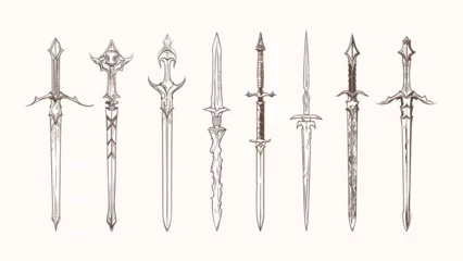 Fotobehang Medieval hand drawn knights swords. Decorative kingdom warrior weapon, sketch grunge sword vintage vector collection © LadadikArt